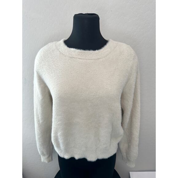 DOWNEAST | Beige Neutral Cozy Fuzzy Crewneck Cropped Everyday Sweater | Medium - Picture 2 of 6